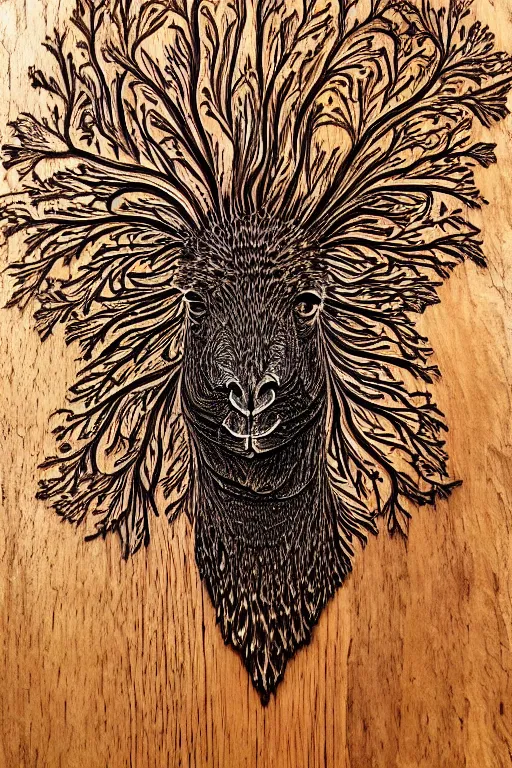 Image similar to fractal wood burning lichtenberg figure llama portrait