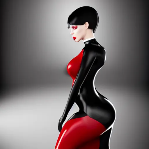 Image similar to a curvy pale hot goth young woman wearing an elegant modest tight shiny red-silver-black striped latex high-neck dress, cgsociety, photorealistic, sublime-cool-hyperadvanced-dark ambience, 16k, smooth, sharp focus, trending on ArtStation, volumetric lighting, fully clothed, thin waist