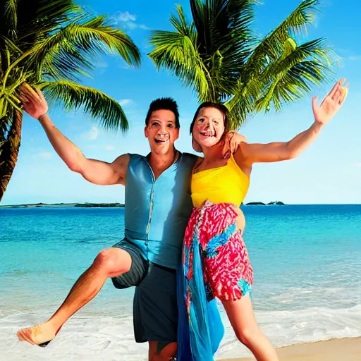 Prompt: couple man and woman, happy, on the beach, correct face, sunburn, professional portrait, photo