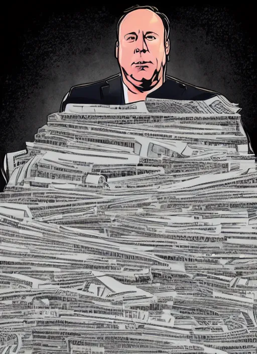 Prompt: sad alex jones surrounded by newspapers in a dark murky room, highdetailed illustration