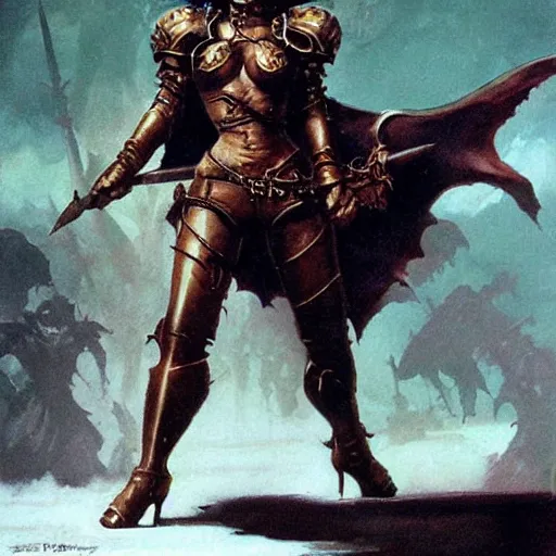 Prompt: necromancer female human knight in heroic pose,dnd, mtg,real photo by Frank Frazetta
