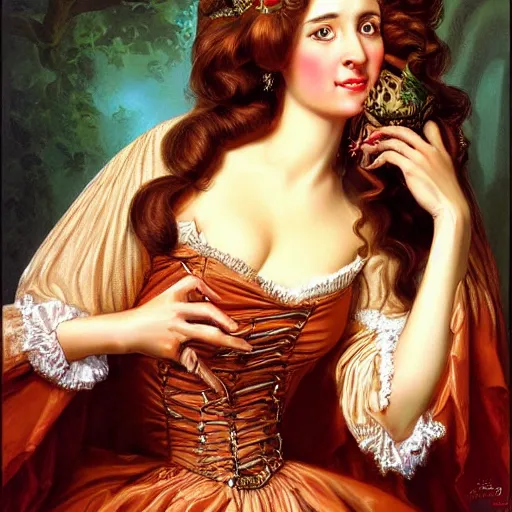 Prompt: woman with long brown hair, ultra detailed, beautiful eyes, by greg hildebrandt fancy rococo baroque oil painting high quality clothed in fancy garb in pin up style