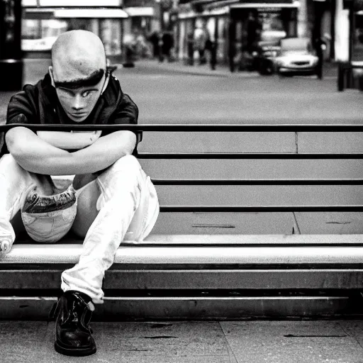 Prompt: black and white fashion photograph, highly detailed portrait of a depressed white drug dealer sitting on a bench on a busy Paris street, looking into camera, eye contact, natural light, rain, mist, lomo, fashion photography, film grain, soft vignette, sigma 85mm f/1.4 1/10 sec shutter, Daren Aronofsky film still promotional image, IMAX 70mm footage