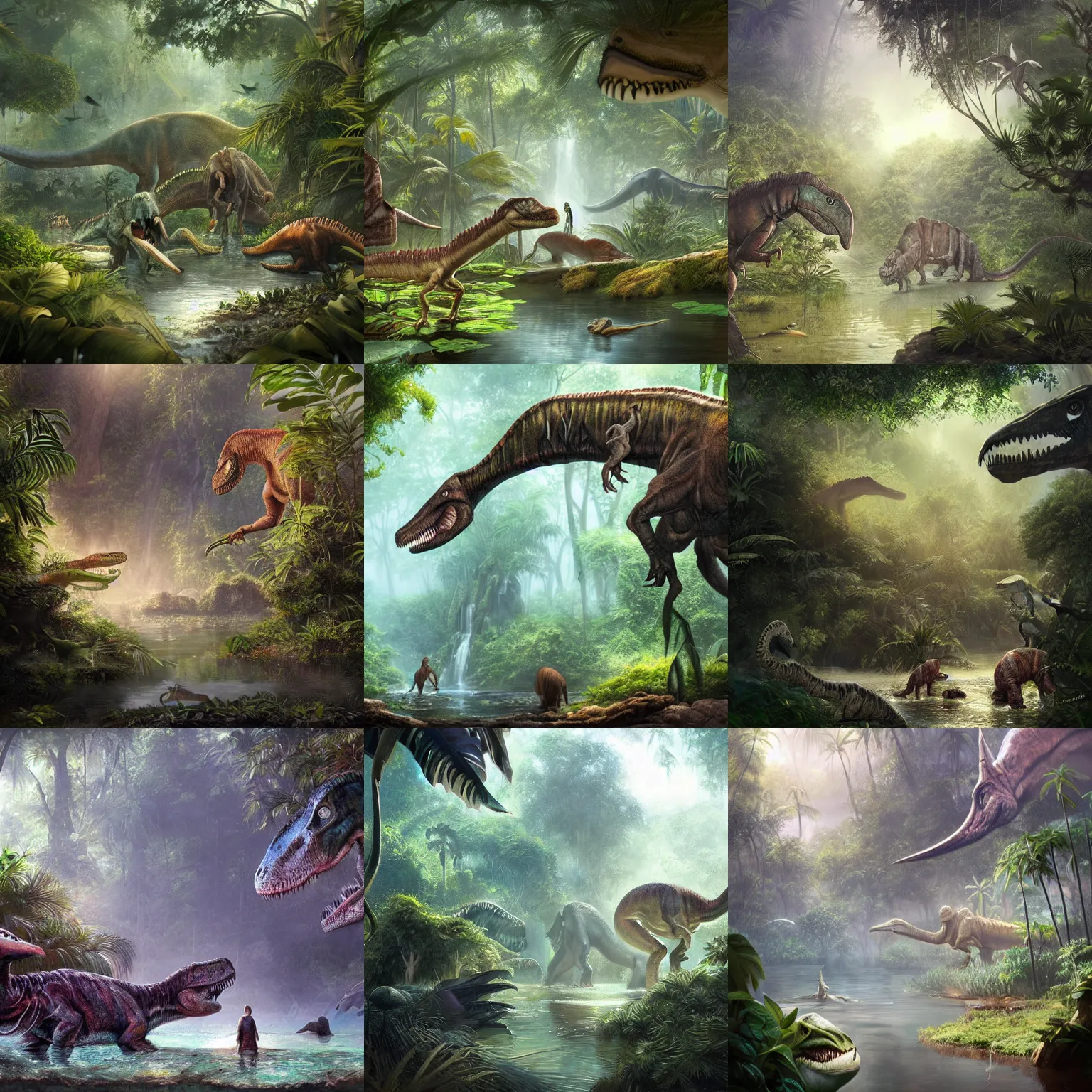 Prompt: jurassic jungle pond with many dinosaurs gathered, digital painting, artstation, smooth, hard focus, illustration, jessica rossier, brian froud