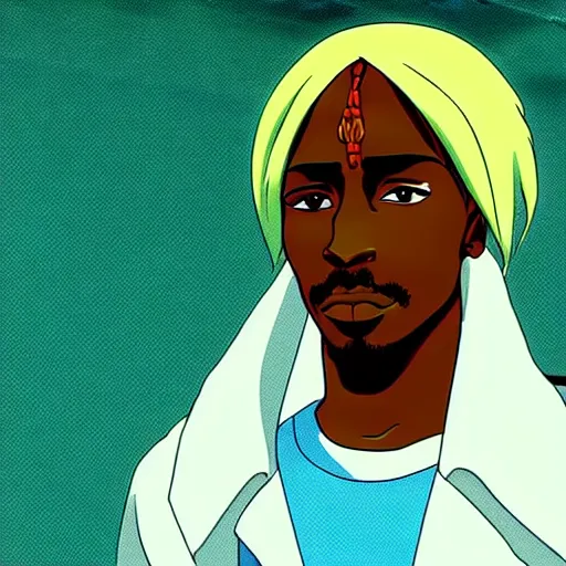 Image similar to Tupac Shakur, screenshot from a 2012s anime