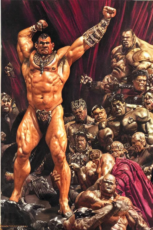 Image similar to movie still of huge hulking rich piana as demonic emperor, simple background, painted by jack kirby, lawrence alma tadema, norman rockwell, greg staples, wayne barlow, neville page, 4 k, photo