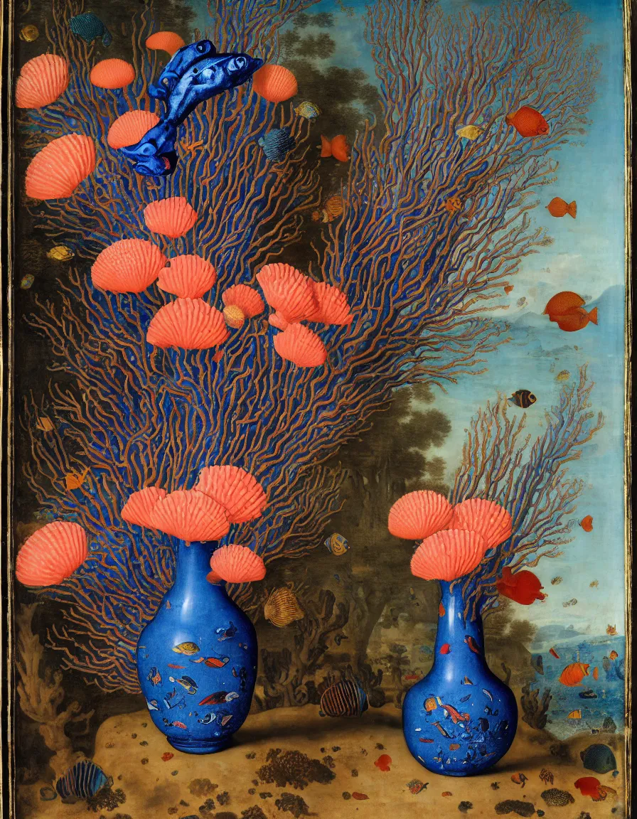 Image similar to bottle vase of coral under the sea decorated with a dense field of stylized scrolls that have opaque outlines enclosing mottled blue washes, with purple shells and blue fishes, ambrosius bosschaert the elder, oil on canvas, around the edges there are no objects