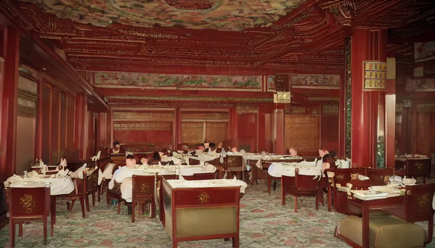 Prompt: 2010s movie still of empty north-korean royal restaurant palace post-stalinist style, eastmancolor, heavy grain, high quality, higly detailed
