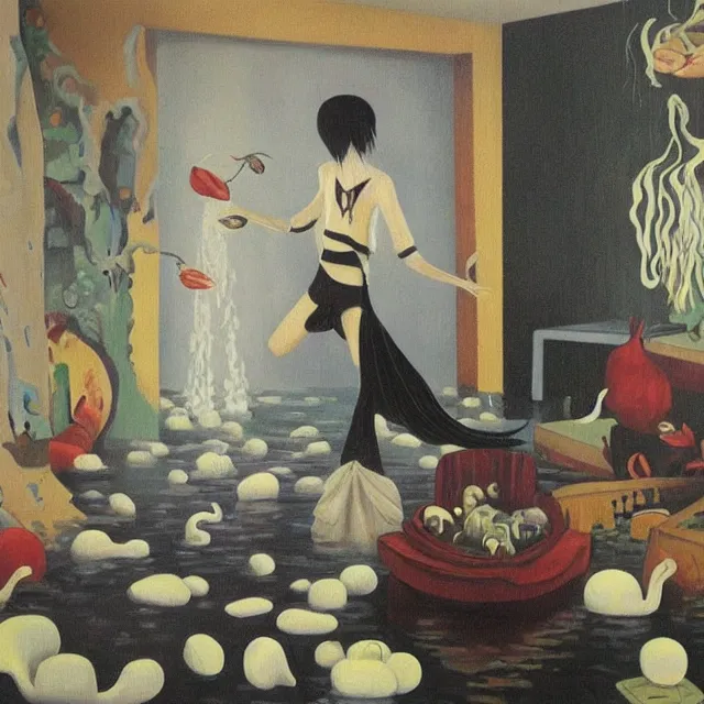 Image similar to tall emo artist in her flooded apartment, painting of flood waters inside an artist's home, a river flooding indoors, pomegranates, pigs, ikebana, zen, water, octopus, river, rapids, waterfall, black swans, canoe, berries, acrylic on canvas, surrealist, by magritte and monet