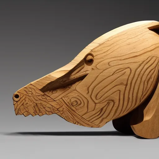 Prompt: wooden sculpture of a viking and a dinosaur, polished maple, thoughtful, elegant, real