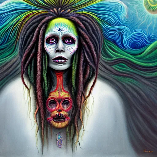 Prompt: the awakening of santa muerte with colorful dreadlocks, by anton semenov, alex grey, and amanda sage in a surreal psychedelic style, oil on canvas, dark and menacing, 8k hd,