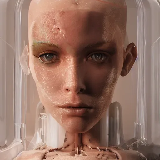 Prompt: photographic stil of beautiful model, a human robot woman, beautiful artificial biomecanic body with artificial bones and artificial flesh, cables, tubes, westworld style, medium - shot, insanely detailed, photorealistic, beautiful soft light, octane render, by annie leibowtiz