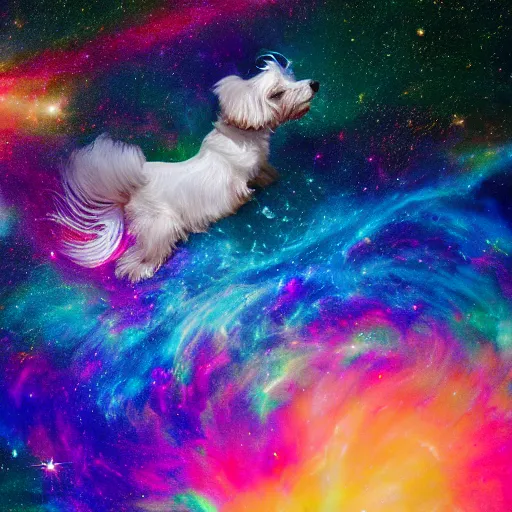 Prompt: a cream-colored Havanese dog surfing on top of a cosmic wave of iridescent energy, with a background of gorgeous nebulas and galaxies Rutkowski, 4k, masterpiece