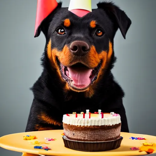 Image similar to a high - quality photo of a cute rottweiler with a birthday cake, 4 5 mm, f 3. 5, sharpened, iso 2 0 0, raw, food photography