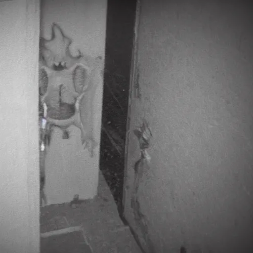 Image similar to terrifying demon in the corner of a dark room, creepypasta, found footage