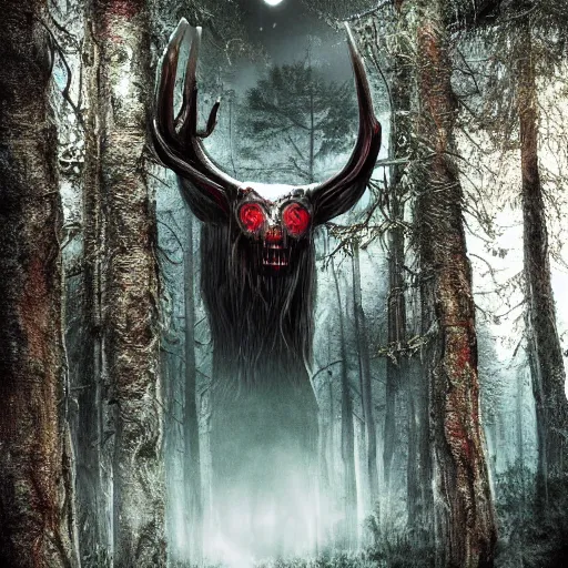 Image similar to Photorealistic wendigo in an ominous forest. Hyperdetailed photorealism, 108 megapixels, amazing depth, glowing rich colors, powerful imagery, psychedelic Overtones, 3D finalrender, 3d shading, cinematic lighting, artstation concept art