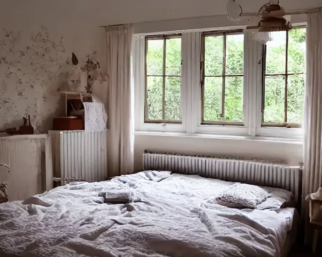 Prompt: Cosy bedroom, dimly lit by sunlight from the windows, cosy, relaxing