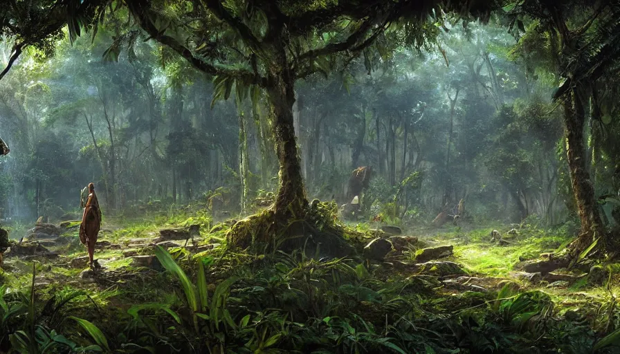 Image similar to a beautiful painting of an archaeological evolution in a lush jungle, ray traced lighting by kalin popov and greg rutkowski