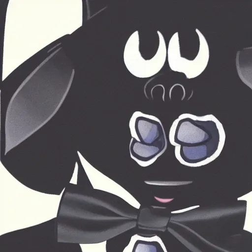 Image similar to A extremely highly detailed majestic hi-res beautiful, highly detailed head and shoulders portrait of a scary terrifying, horrifying, creepy black cartoon rabbit with a bowtie and scary big eyes, earing a shirt laughing, hey buddy, let's be friends, in the style of Walt Disney