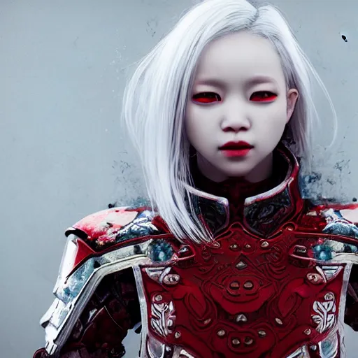 Image similar to beautiful albino Asian girl armor covered in blood, unreal engine octane, red and white, portrait, gliter, depth of field, 8k, hyper detailed