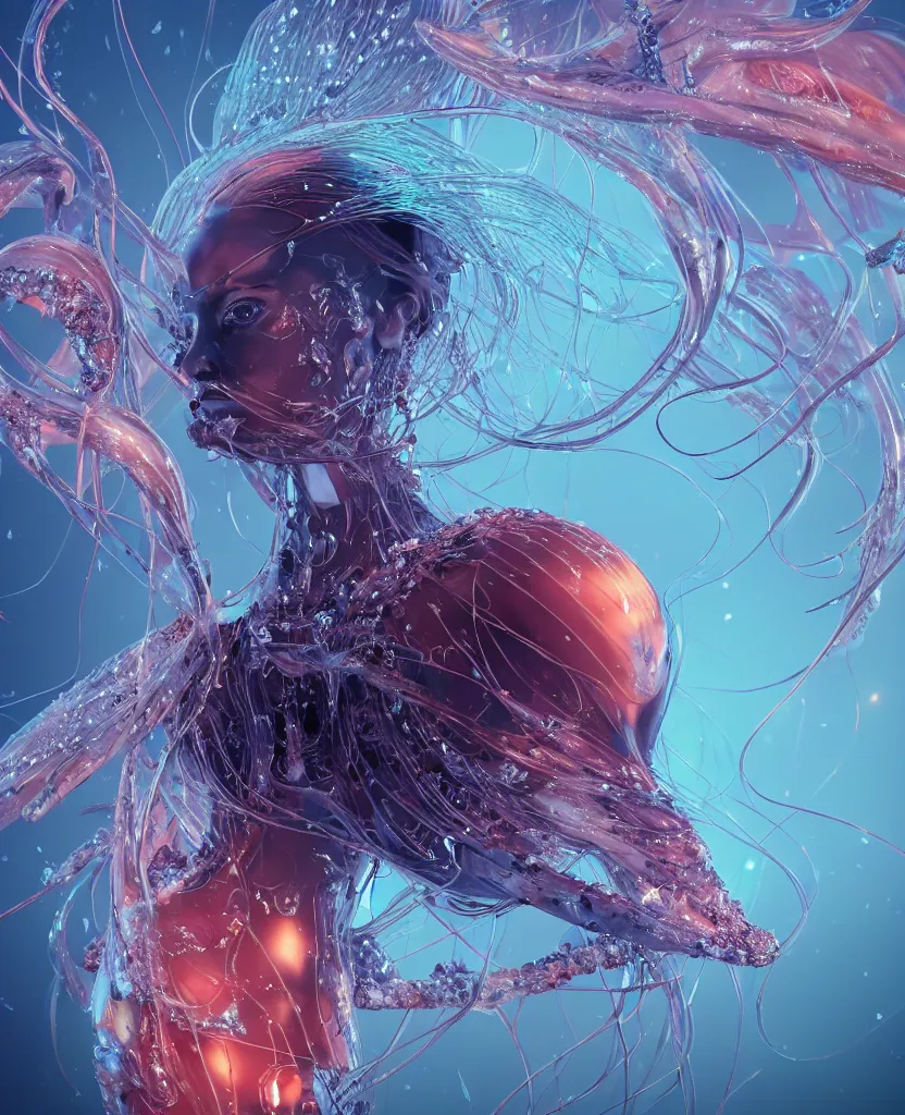 Image similar to close-up macro portrait of the face of a beautiful princess, epic angle and pose, symmetrical artwork, 3d with depth of field, blurred background, cybernetic jellyfish female face skull phoenix bird, translucent, nautilus, energy flows of water and fire. a highly detailed epic cinematic concept art CG render. made in Maya, Blender and Photoshop, octane render, excellent composition, cinematic dystopian brutalist atmosphere, dynamic dramatic cinematic lighting, aesthetic, very inspirational, arthouse. y Greg Rutkowski, Ilya Kuvshinov, WLOP, Stanley Artgerm Lau, Ruan Jia and Fenghua Zhong