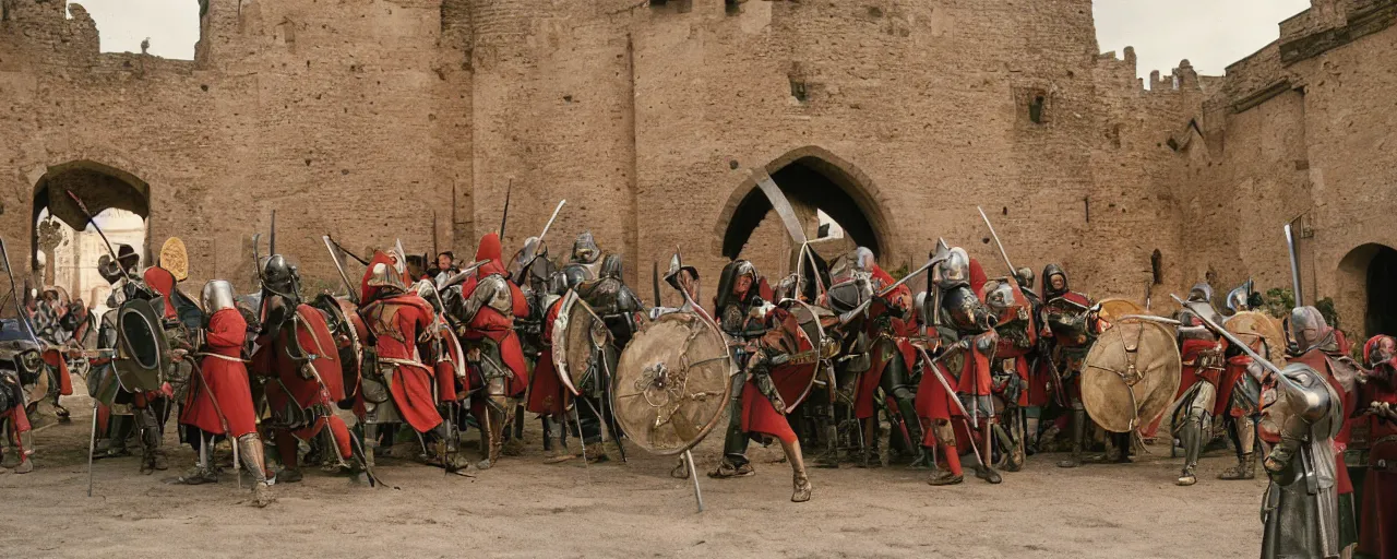 Prompt: medieval knights defending a large mound of spaghetti behind the castle gates, small details, realistic faces, intricate, canon 5 0 mm, high detail, intricate, cinematic lighting, photography, wes anderson, film, kodachrome