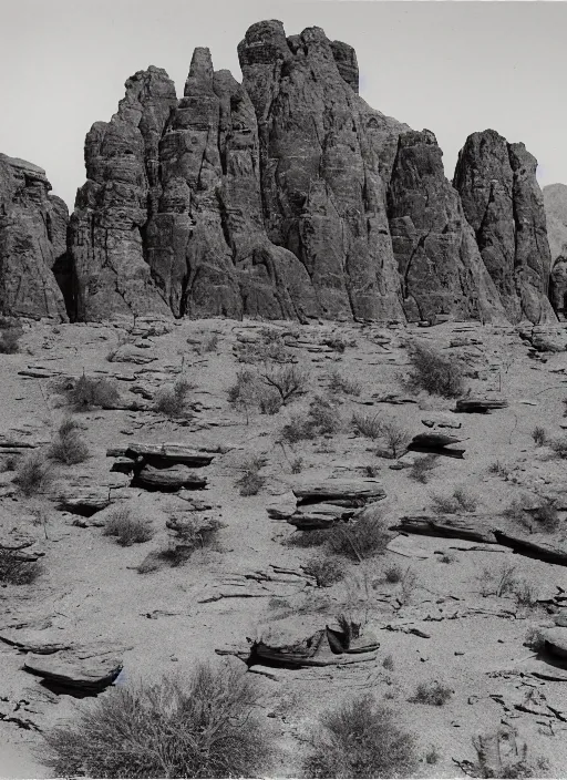 Prompt: Photo of rock formations towering over sparse desert vegetation among rocks and boulders, Utah, albumen silver print, Smithsonian American Art Museum