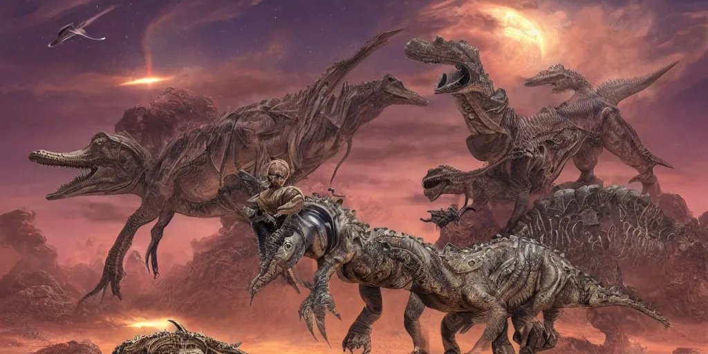 Image similar to hard metal rockers riding dinosaurs in the space desert, boris vallejo style, steampunk, hyper detailed, digital art, cinematic lighting, 8 k