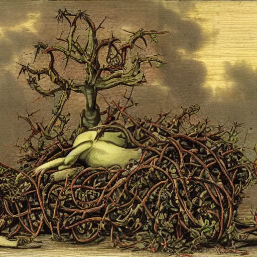 Image similar to a putrid rotting animal corpse resting on top of a throne made of thorns and vines, swedish dark ritual, flowers, uncanny, in an open field