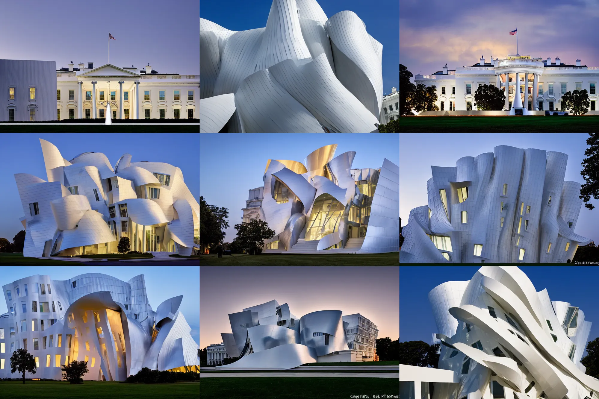 Prompt: photography of the white house designed by frank gehry and Zaha Hadid, frontal view, evening, architecture award winning, concept