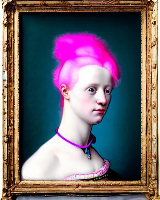 Image similar to photo-realistic portrait of an albino woman with pink hair, wearing a neon blue dress by Vivienne Westwood, intricate details, masterpiece, in the style of Jean Auguste Dominique Ingres, black background