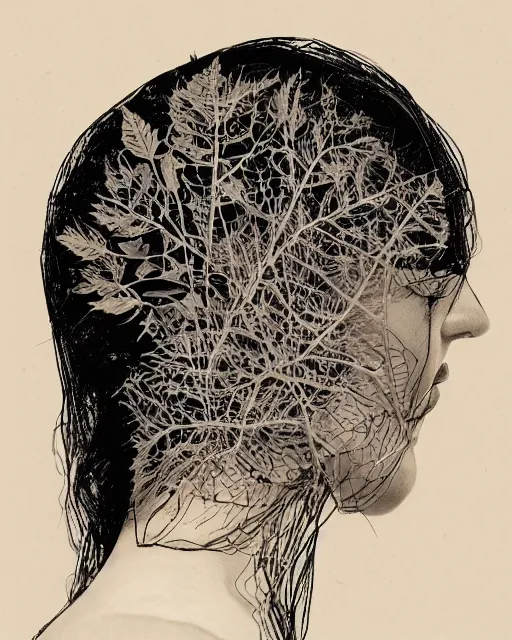 Image similar to a woman's face in profile, wearing a vintage motorcycle helmet made of intricate delicate leaf skeleton, in the style of the dutch masters and gregory crewdson, dark and moody