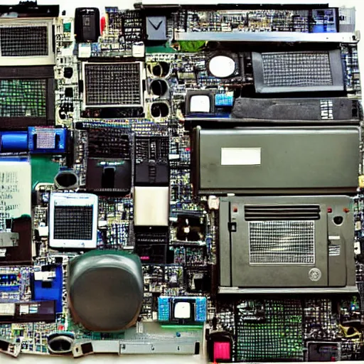 Prompt: e - waste computer monitor, computer parts, color photograph