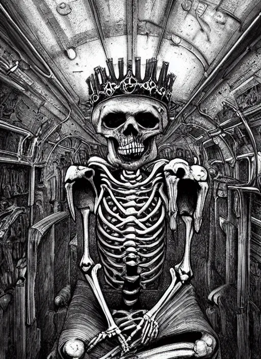 Prompt: a skeleton with a sinister crown slumped on a throne in a dark and decrepit subway car, foggy ambience, blue tinted, fluid, smooth, bright colours, high contrast, sharpness, beautiful, peaceful, very detailed, intricate, volumetric lighting, by giger and corben and moebius and beksinski and bosch and bacon