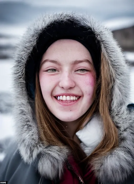 Image similar to Mid-shot portrait of a beautiful 20-year-old woman from Iceland, smile, candid street portrait in the style of Martin Schoeller award winning, Sony a7R