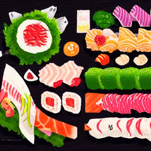 Prompt: illustration of tasty colorful sushi, in traditional japan style, by makoto shinkai and takashi takeuchi