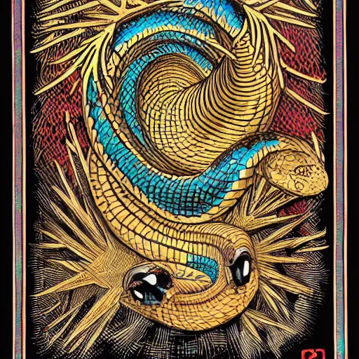 Image similar to a snake biting itself in the center of a tarot card, drawing style, intricate details in the frames, 4k, high quality render.