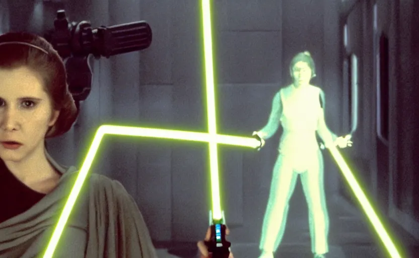 Image similar to screenshot portrait Leia training to use a yellow lightsaber at a new Jedi Temple scene from The Force Awkakens, 1970s film by Stanley Kubrick, serene, iconic scene, stunning cinematography, hyper detailed, sharp, anamorphic lenses, kodak color film, 4k