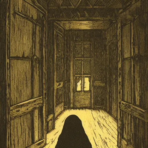 Image similar to ghost in a haunted house woodcut print by greg rutkowski