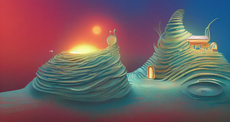 Image similar to digital painting of a tiny sacred spiral, procedural seashell house surrounded by dreamy coral, syd mead, cell shaded graphics, concept art, minimalist, golden ratio