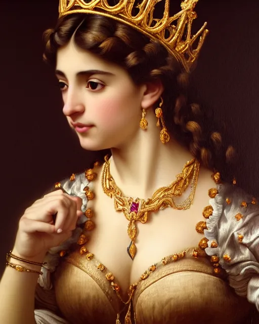 Image similar to photo of a gorgeous young latina woman wearing elaborate heavy baroque jewelry and crown and rococo ornaments in the style of stefan kostic, realistic, sharp focus, symmetric, 8k high definition, insanely detailed, intricate, elegant, art by stanley lau and artgerm, William-Adolphe Bouguereau, Penelope Cruz