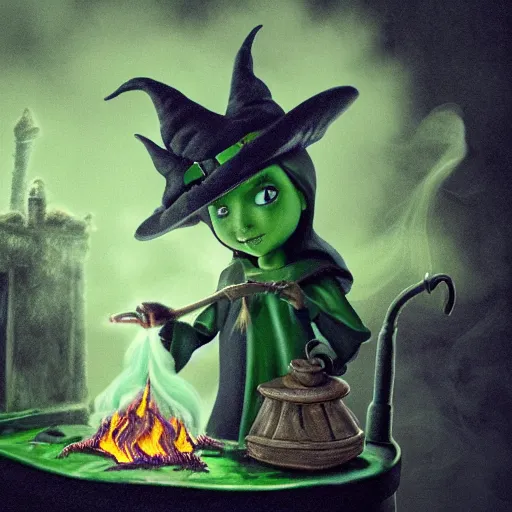 Image similar to close shot of a witch in her lair brewing a magical potion, depressing, gloomy, tired, detailed, witch hat, dungeon, green smoke, fire, smoke, realism, realistic, hyper detailed, green lighting, ambient lighting, green smoke, fog, smoke, cinematic lighting, haze, bokeh, trending on artstation, detailed face, symmetric face, mythical, colorful, pop art, vector art, retro,