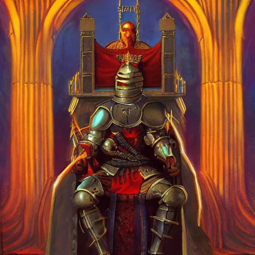 Prompt: a painting of a knight sitting on a throne, a character portrait by tim hildebrandt, deviantart contest winner, fantasy art, ps 1 graphics, hellish background, official art