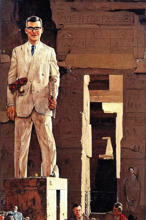 Prompt: a closer personal portrait of the zodiac killer, very charismatic. in the old ancient temple of luxor. masterpiece, dark. painted by norman rockwell and james gurney