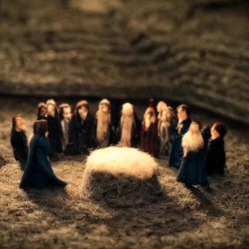 Image similar to needle felt action shot of the council of the ring, lotr, dramatic lighting, creepy, dslr, tilt shift, extremely textured, realistic hyper detailed