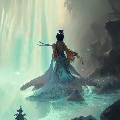 Image similar to chinese goddess emperess mulan in the style of craig mullins, greg rutkowski, peter mohrbacher, and drew struzan. epic, majestic, awe inspiring, god rays, fissures, divine, church painting, intricate armor, extreme detail, high octane, cartoonish