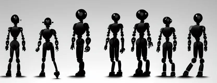 Image similar to an evolution diagram from left to right of robots, 8 k, hyper realistic. the left side robots are shorter, uncropped