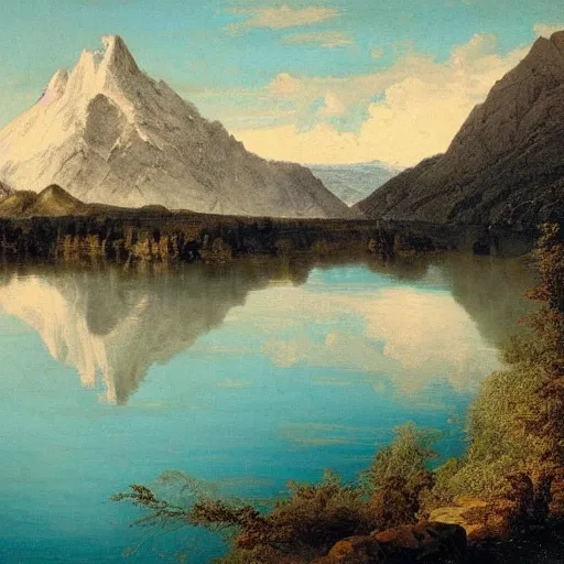 Prompt: a turquoise placid lake in the foreground with a towering mountain in the background, Carl Friedrich