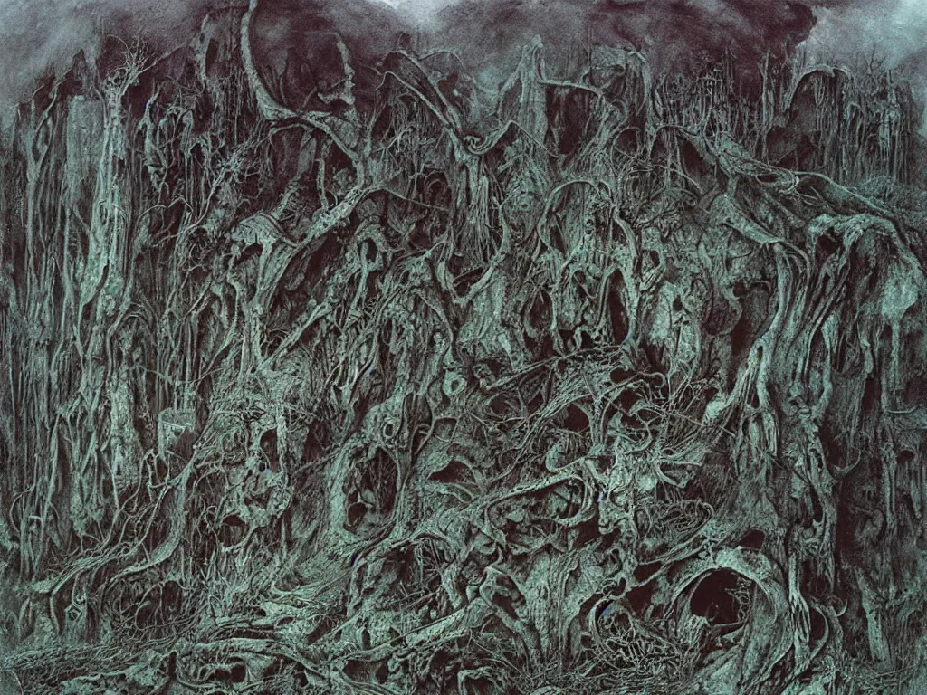 Image similar to landscape by H.R. Giger, Zdzislaw Beksinski, Todd McFarlane