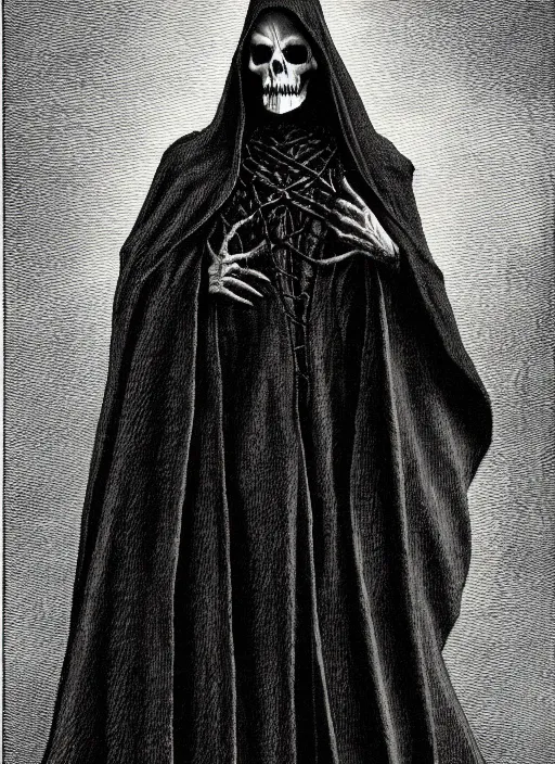 Prompt: fineart illustration of the necromancer wearing a black cloak, hyper detailed, crisp